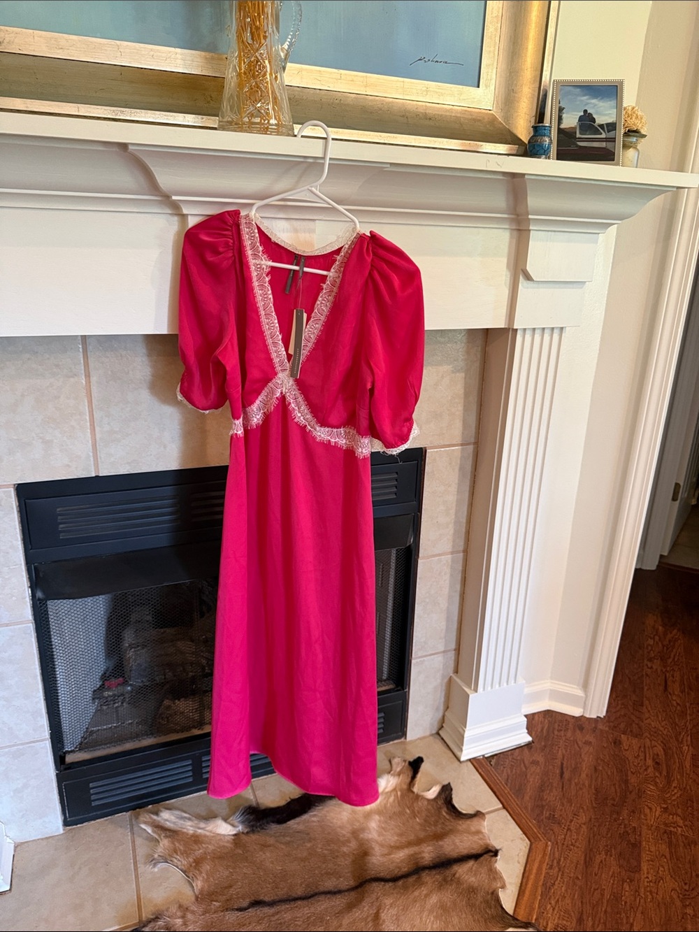 Anthropologie Hot Pink Maxi Dress with White Lace Trim